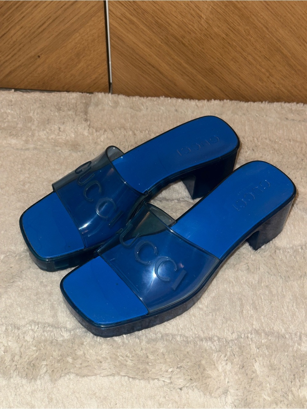 Gucci Blue Transparent Logo Block Heel Slides